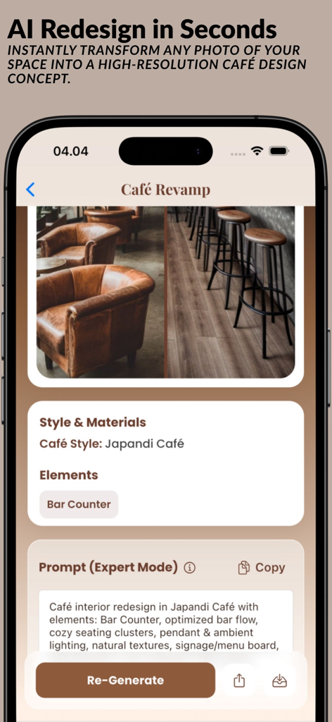 Interface of the AI Cafe app showing a room redesigned in Japandi style with an AI prompt