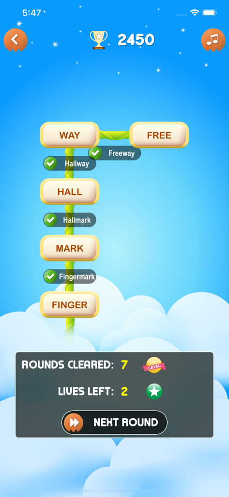 BranchWordy - BranchWordy mobile game interface showing a completed word branch connecting freeway hallway and hallmark against a blue sky background