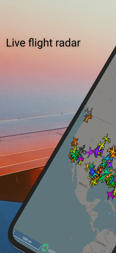 Flight Tracker — Flight Radar - Un display di smartphone che mostra una mappa radar di volo live con numerosi icone colorate di aeromobili sul Nord e Centro America