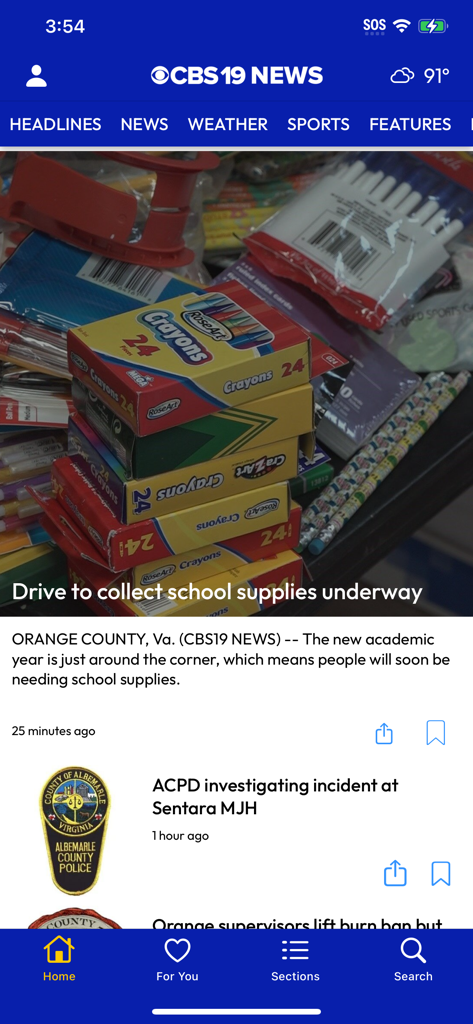 Home screen of CBS19 News Now app showing local headlines and weather updates for Central Virginia.