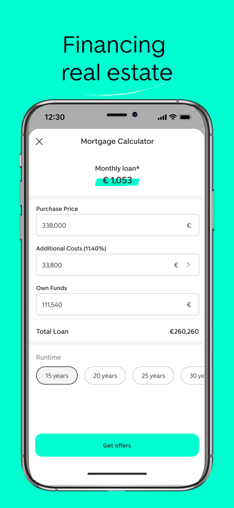 ImmoScout24 - Austria - A mortgage calculator interface from the ImmoScout24 Austria app showing monthly loan estimates and purchase price fields.