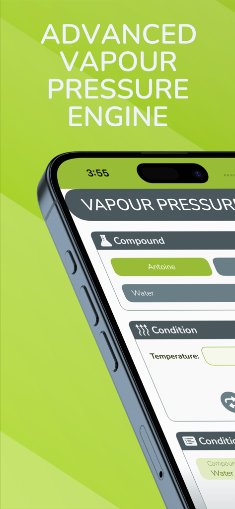 Advanced Vapour Pressure Engine app interface showing chemical compound and temperature input fields on a smartphone