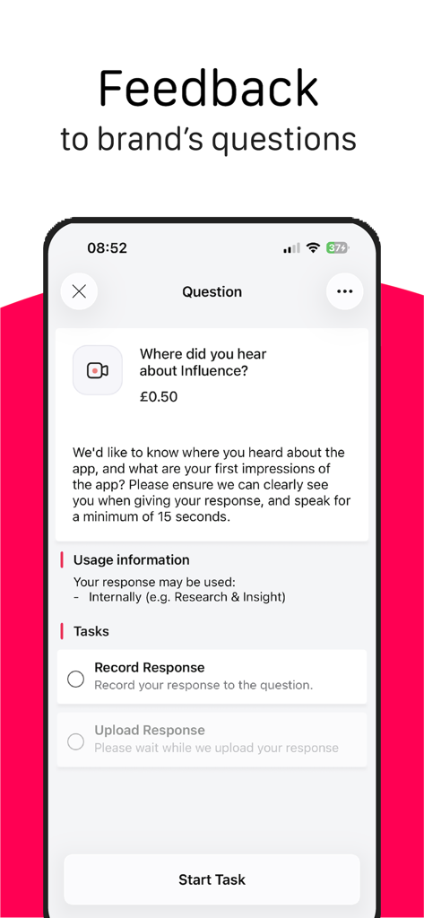 Smartphone screen showing a video survey task in the Influence app with a cash reward for recording feedback.