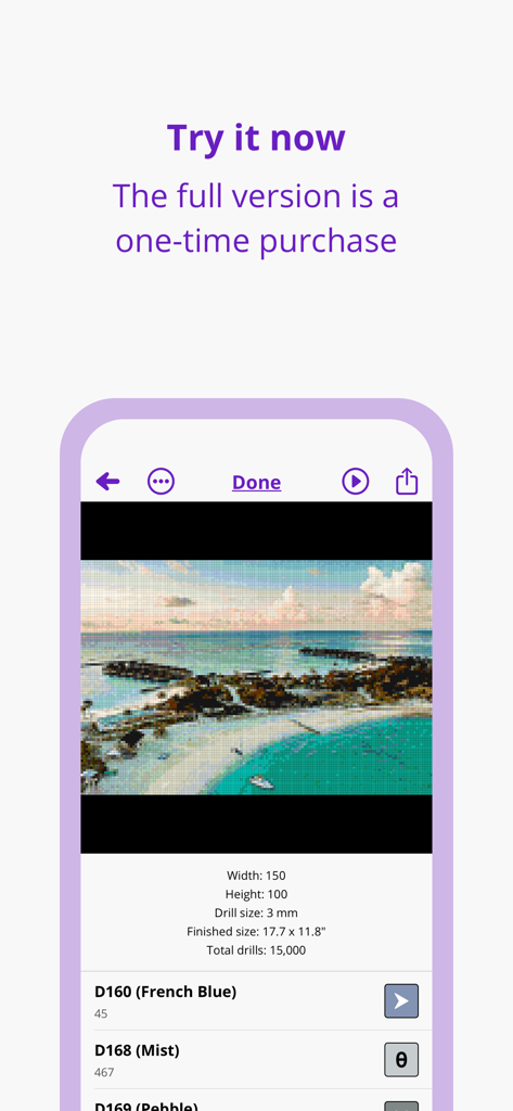 Dotterly: Diamond painting - Interface of the Dotterly app showing a landscape diamond painting pattern with dimensions and drill color codes