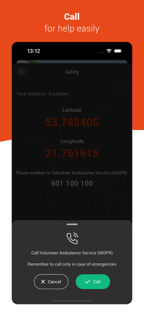 Interfaz de llamada de emergencia con coordenadas GPS en la aplicación de navegación acuática Zegluj
