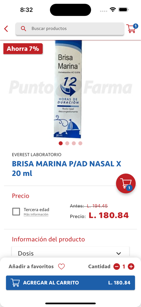 Farmacias Punto Farma - Pantalla de la aplicación móvil mostrando los detalles del producto y el precio de un spray nasal