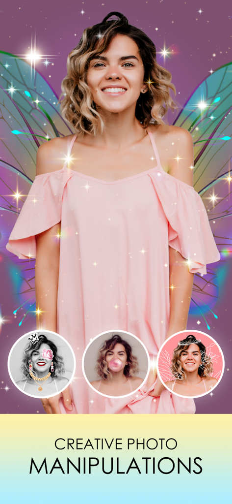 A woman with fairy wings and artistic photo effects showcasing creative photo manipulations in the Visage app.