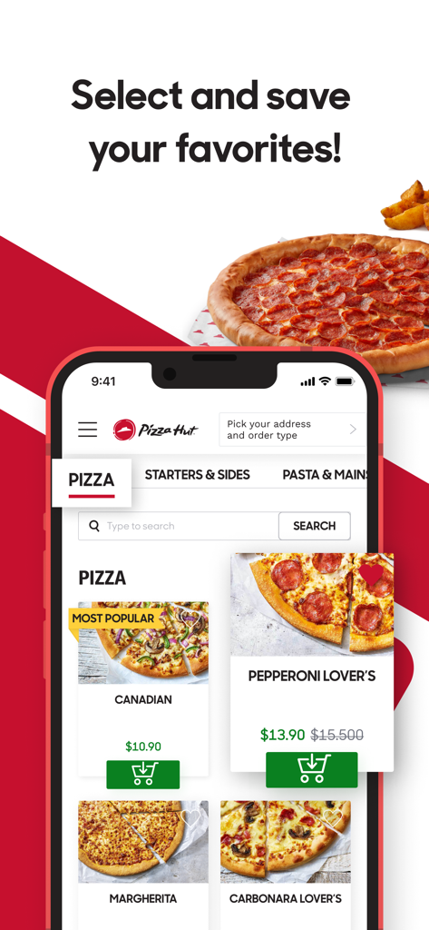 Pizza Hut Trinidad and Tobago mobile app interface showing a menu of pizzas with prices and ordering options.