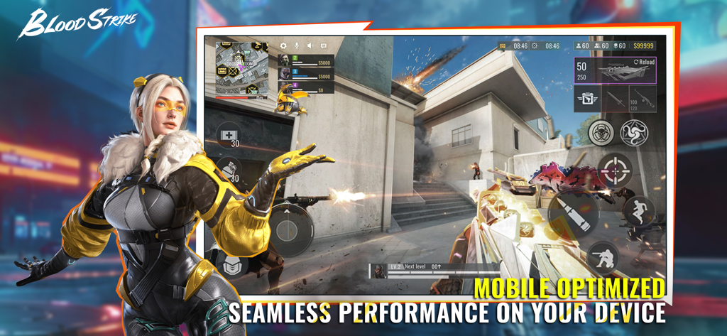 Jugabilidad FPS móvil de Blood Strike con un personaje striker y texto de optimización de alto rendimiento