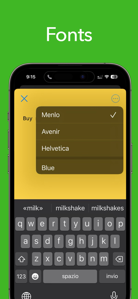 Sticky Note - Interface of Sticky Note app showing font selection menu on a yellow digital note