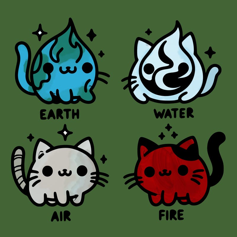 4 cats that represent the different elements, earth, water, air, and fire