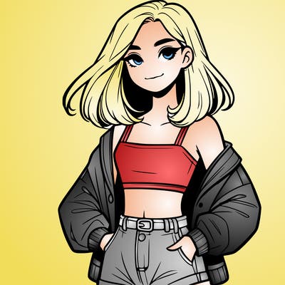 a realistic girl with a crop top and short shorts in an open jacket