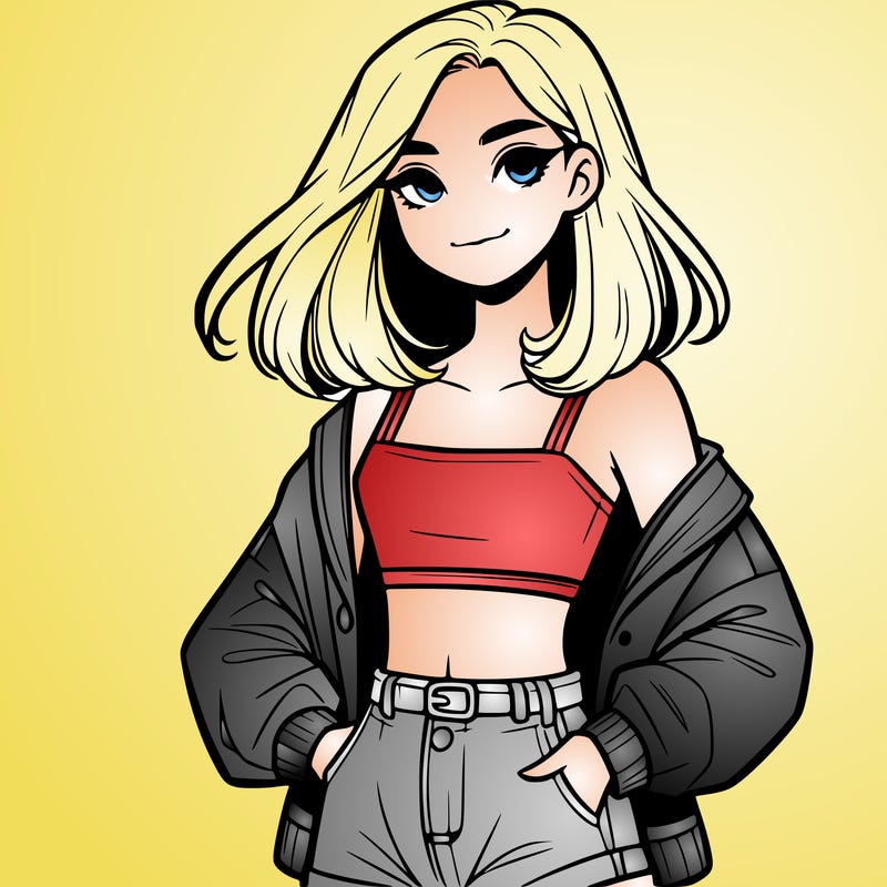 a realistic girl with a crop top and short shorts in an open jacket