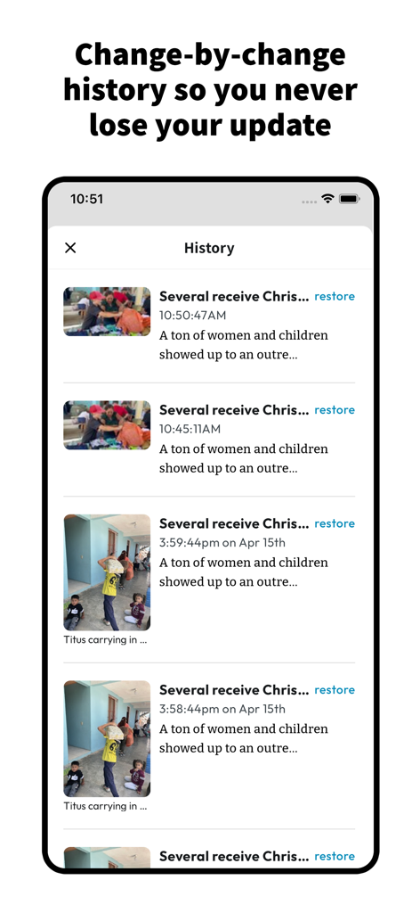 Epistle - A screen from the Epistle app showing a history of changes for missionary updates with restore options.