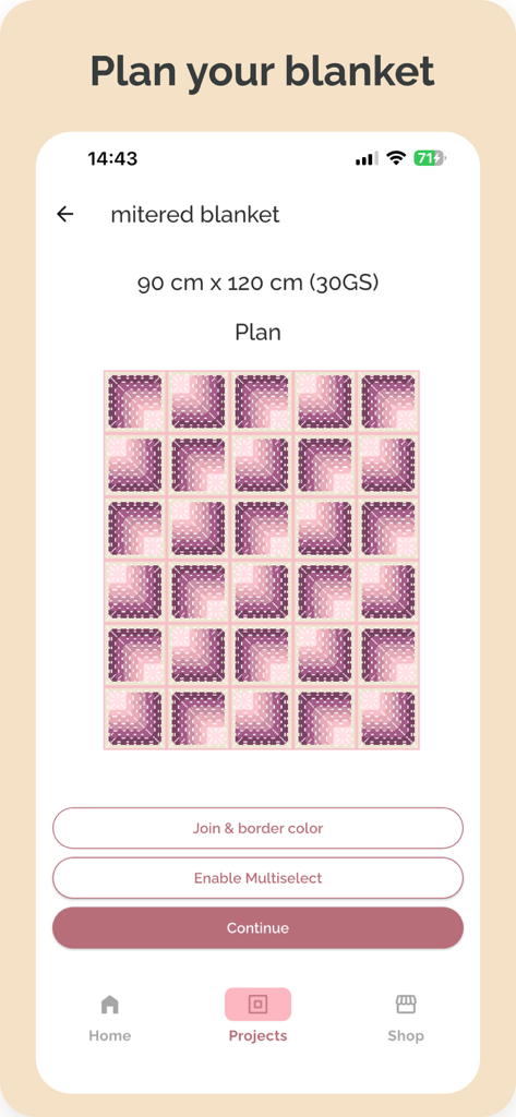 Mobile app interface showing a visual layout of a pink mitered crochet blanket with thirty squares