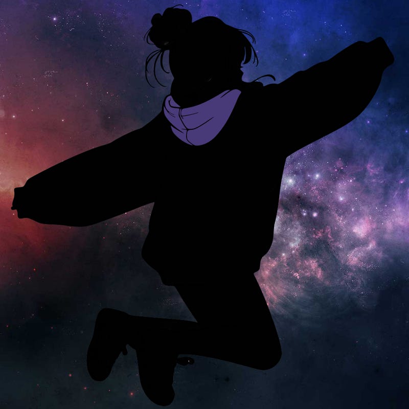 realistic girl jumping with a bun and oversized sweatshirt
