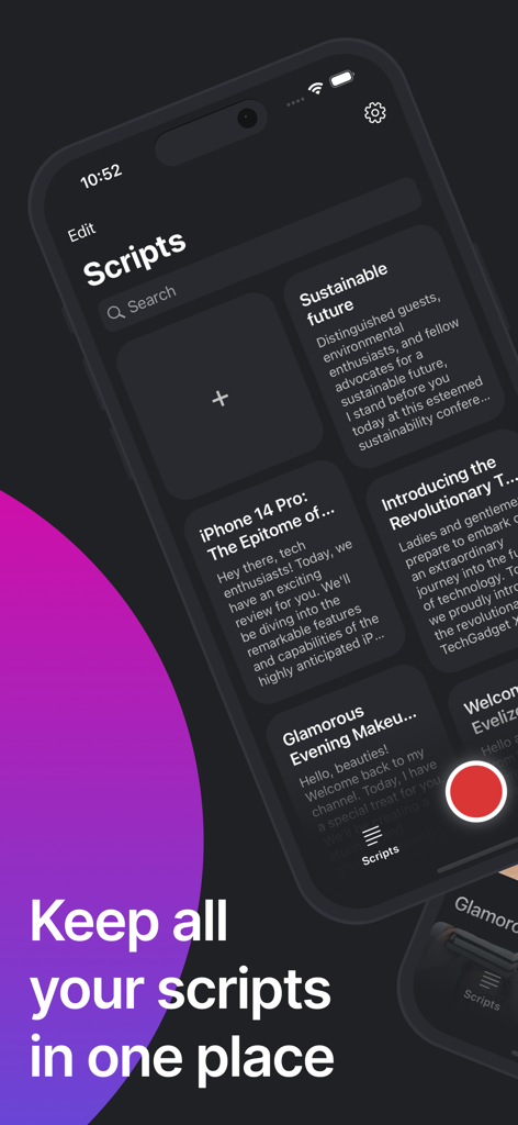 Video Teleprompter - Evelize - Mobile screen showing a library of organized video scripts within the Evelize teleprompter app
