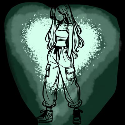 girl in baggy pants crop top and long hair