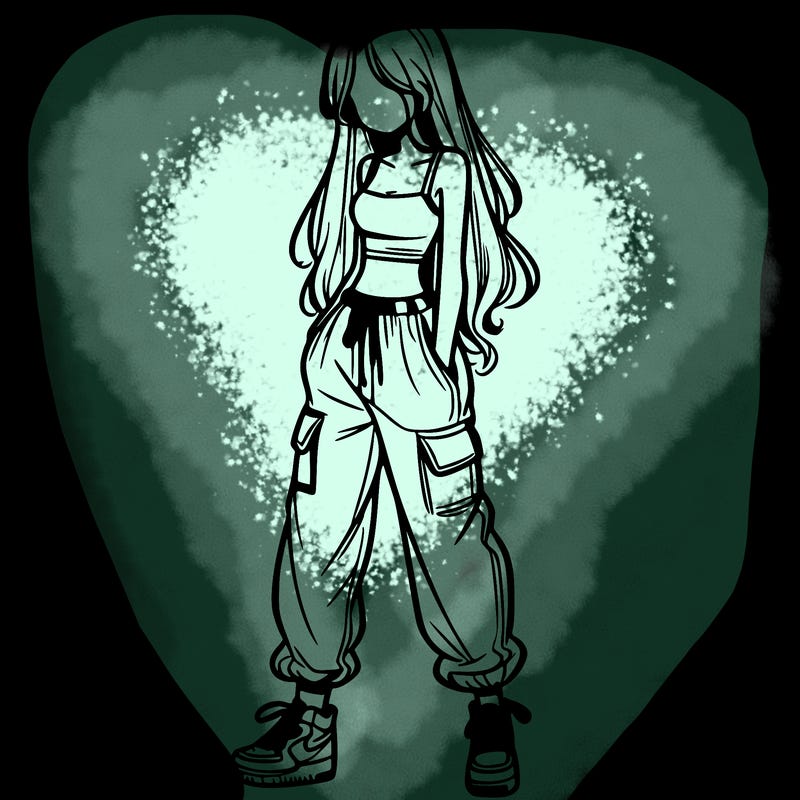 girl in baggy pants crop top and long hair