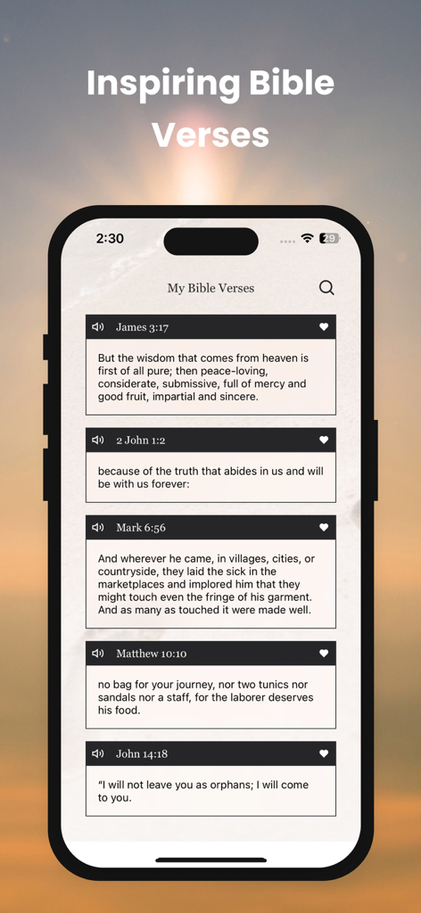 Holy Bible － Daily Bible Verse - Interface d'une application mobile montrant une liste de versets bibliques inspirants avec lecture audio et options de mise en signet.