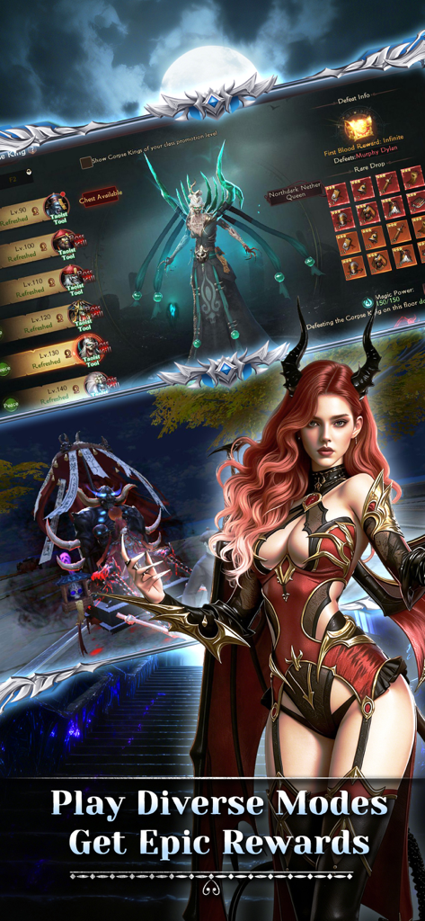 Ghost Hunter: Idle RPG - Ghost Hunter Idle RPGの赤髪の悪魔キャラクターが、多様なゲームモードと壮大な報酬を提示する