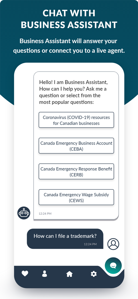 Interface do assistente de chat do aplicativo Canada Business mostrando perguntas comuns de negócios e opções de suporte