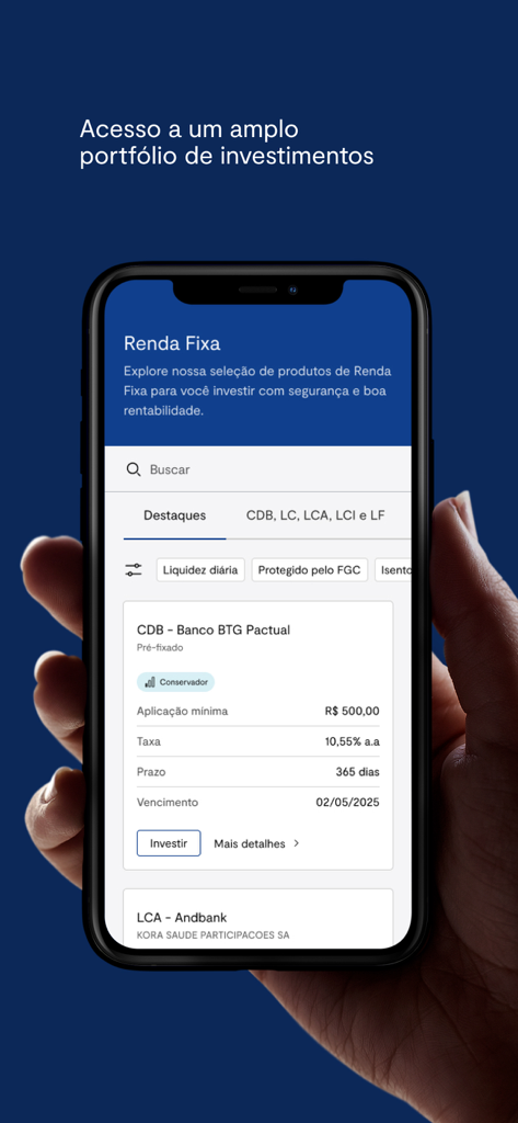 BTG Pactual Parceiros - Aplicación móvil BTG Pactual Parceiros que muestra productos de inversión de renta fija