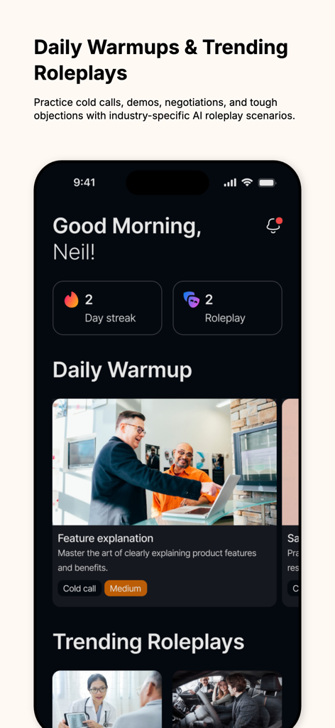 CoachCraft: AI Sales Trainer - CoachCraft mobile app dashboard showing daily sales warmups and trending roleplay scenarios
