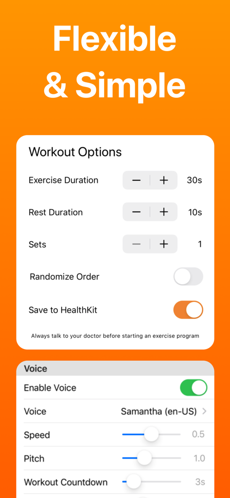 Flexible workout options and voice settings interface in the 7 Minute Workout app