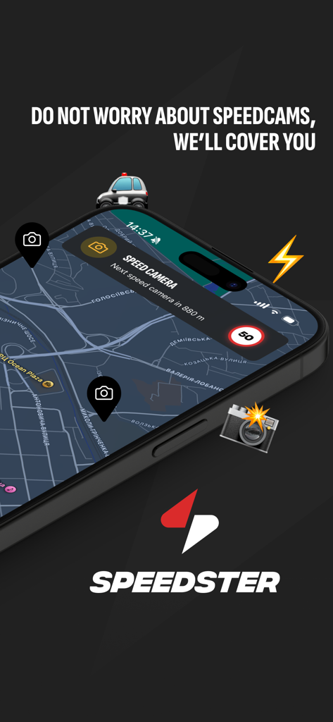 Speedster: speed cams - Speedster app interface on a smartphone showing a navigation map with speed camera alerts and a distance notification.