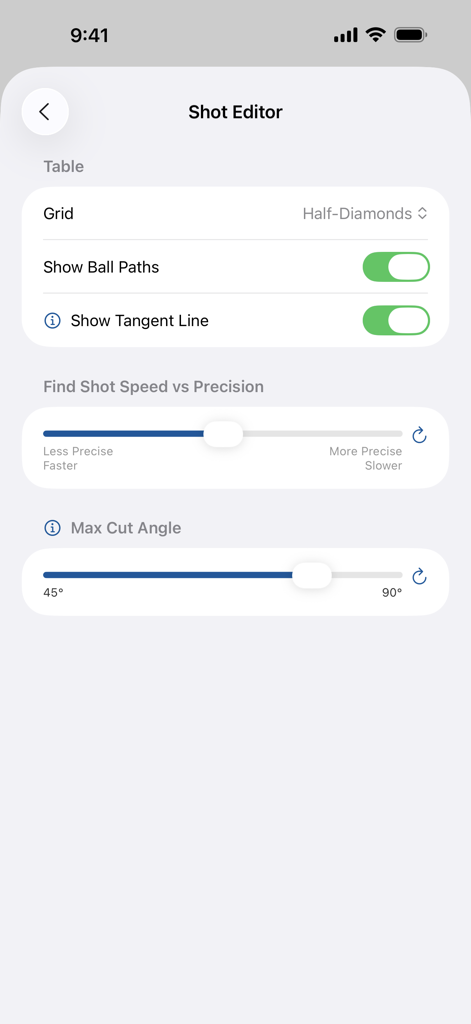 Billiard Shot Studio - Tela de configurações do Editor de Tacadas no Billiard Shot Studio mostrando opções para grade, trajetórias de bola, linhas tangentes e controles deslizantes de precisão.