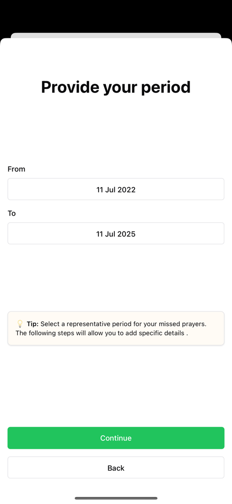 Qadaa Prayer Calculator - Qadaa 기도 계산기 앱에서 놓친 기도 날짜 범위를 선택하는 인터페이스.
