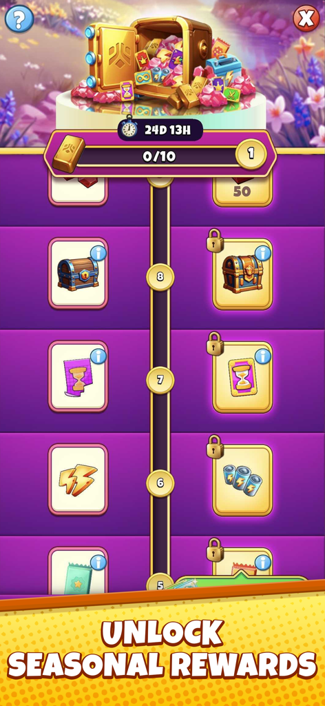 Merge Away! - Puzzle Adventure - A screen from the Merge Away game showing a progression path to unlock seasonal rewards like energy chests and boosters