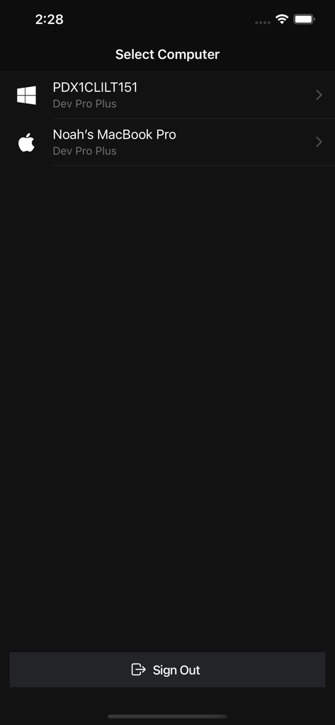 Presenter Remote app screen to select a Windows or Apple computer for remote presentation control.