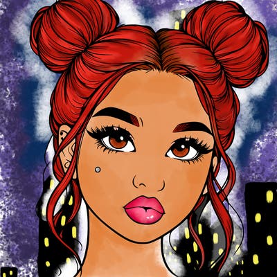 realistic girl with two buns on her hair and lips