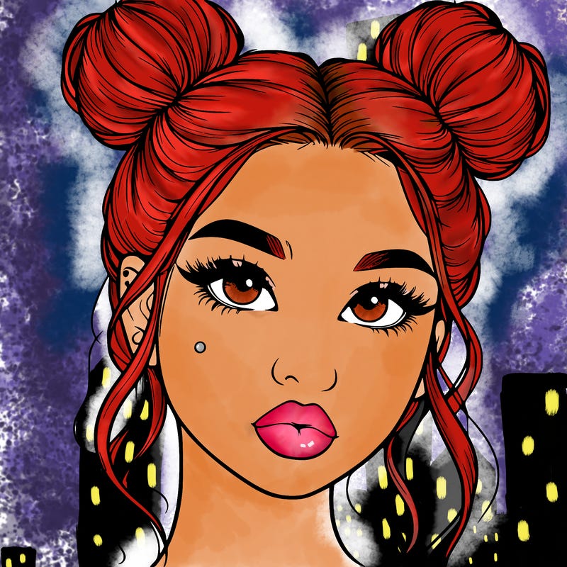 realistic girl with two buns on her hair and lips