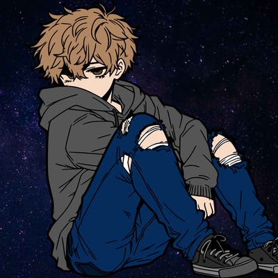 a male hoddie ripped jeans messy hair anime