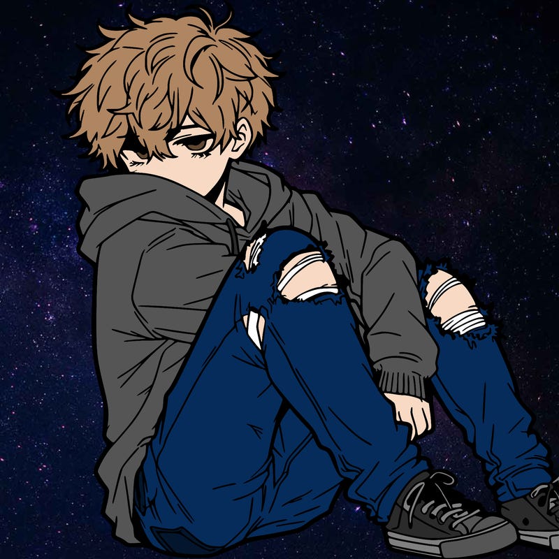 a male hoddie ripped jeans messy hair anime