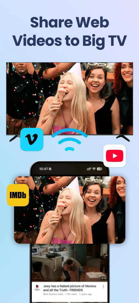 PigeonCast：Send by Google Cast - An iPhone mirroring web videos to a large Smart TV with logos for YouTube, Vimeo, and IMDb.