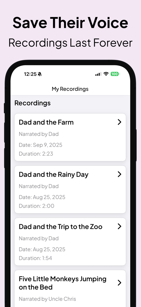 Story Time Together: Kid Books - A list of personalized bedtime story recordings narrated by family members in the Story Time Together app