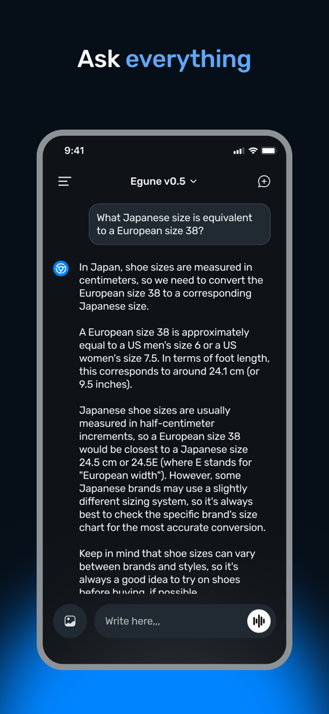 에군 챗 모바일 인터페이스에서 AI 비서가 국제 신발 사이즈 변환을 설명합니다.