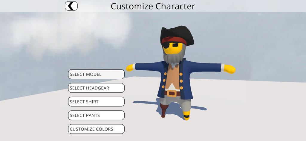 Character customization menu in Human Fall Flat showing a pirate avatar with options to change headgear, shirt, and pants