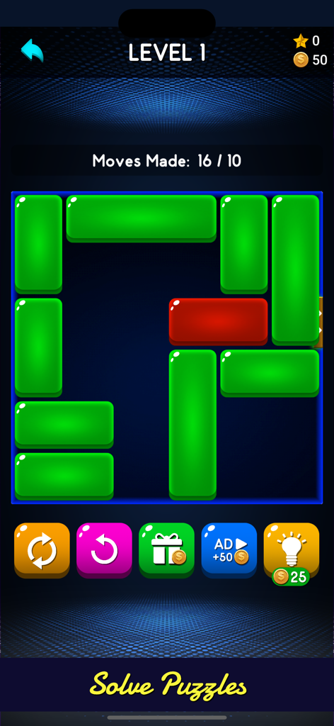 Q Block: Unblock Puzzle Board - Jogo Q Block Quebra-cabeça de Blocos Deslizantes mostrando o tabuleiro de nível 1 com blocos verdes e vermelhos