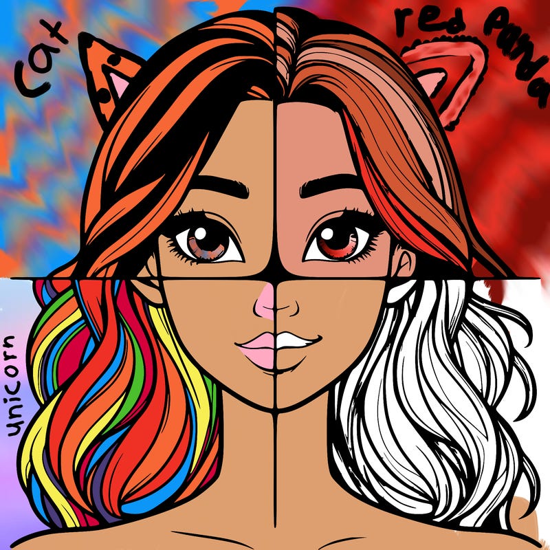 a realistic girl split into four parts