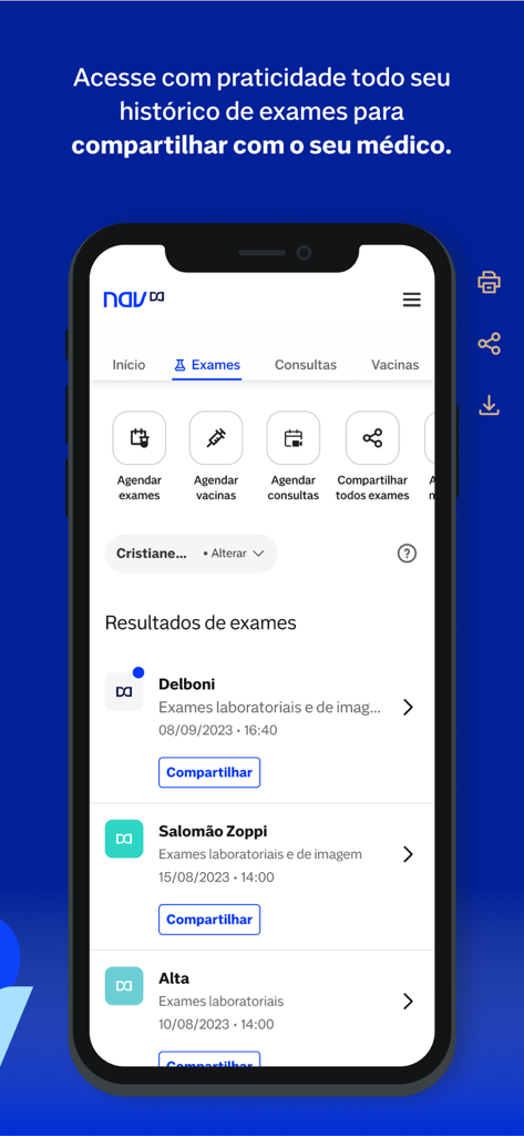 Interfaz de la aplicación Nav Dasa que muestra los resultados del historial de exámenes médicos y las opciones de programación
