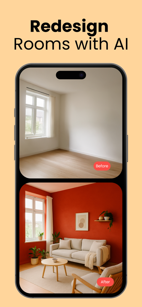 Comparación de antes y después de una habitación vacía transformada en una sala de estar moderna con diseño de interiores IA