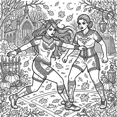 Dive into a uniquely dark and enchanting world where two fierce gothic soccer defenders battle it out on an autumnal field. This intricate coloring page blends the thrill of the game with a mysterious, elegant aesthetic, perfect for creative minds.