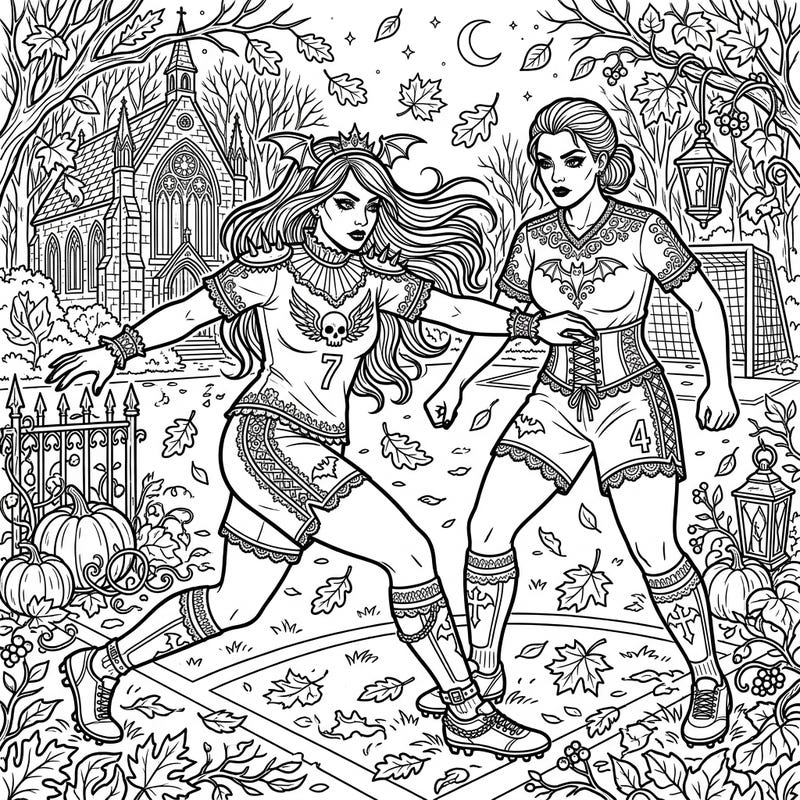 Dive into a uniquely dark and enchanting world where two fierce gothic soccer defenders battle it out on an autumnal field. This intricate coloring page blends the thrill of the game with a mysterious, elegant aesthetic, perfect for creative minds.