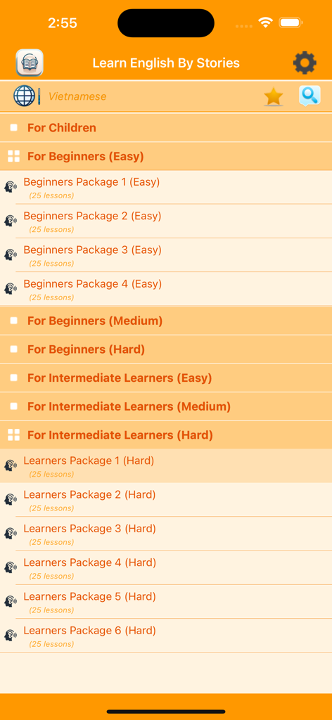 Learn English By Stories + - Main menu of Learn English By Stories app displaying lesson packages for different proficiency levels.