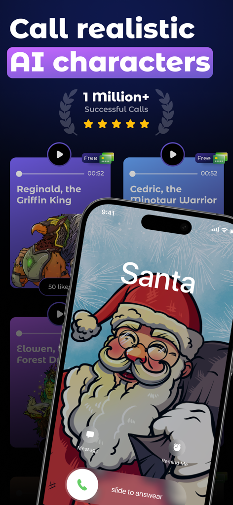 Better Call Timmy - Pantalla de smartphone mostrando una llamada de voz de IA entrante de Santa en la aplicación Better Call Timmy.